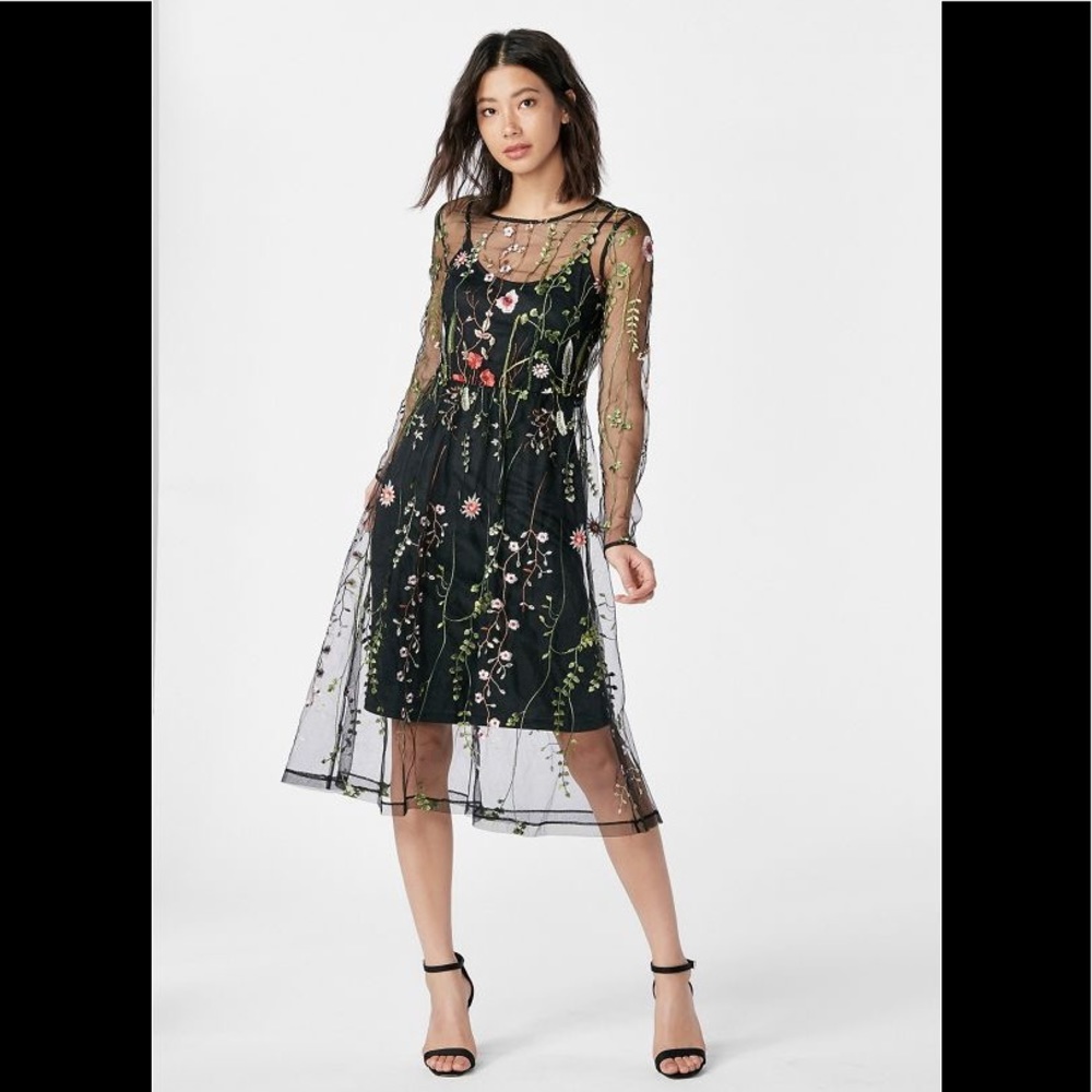 Floral embroidered long sleeve mesh dress